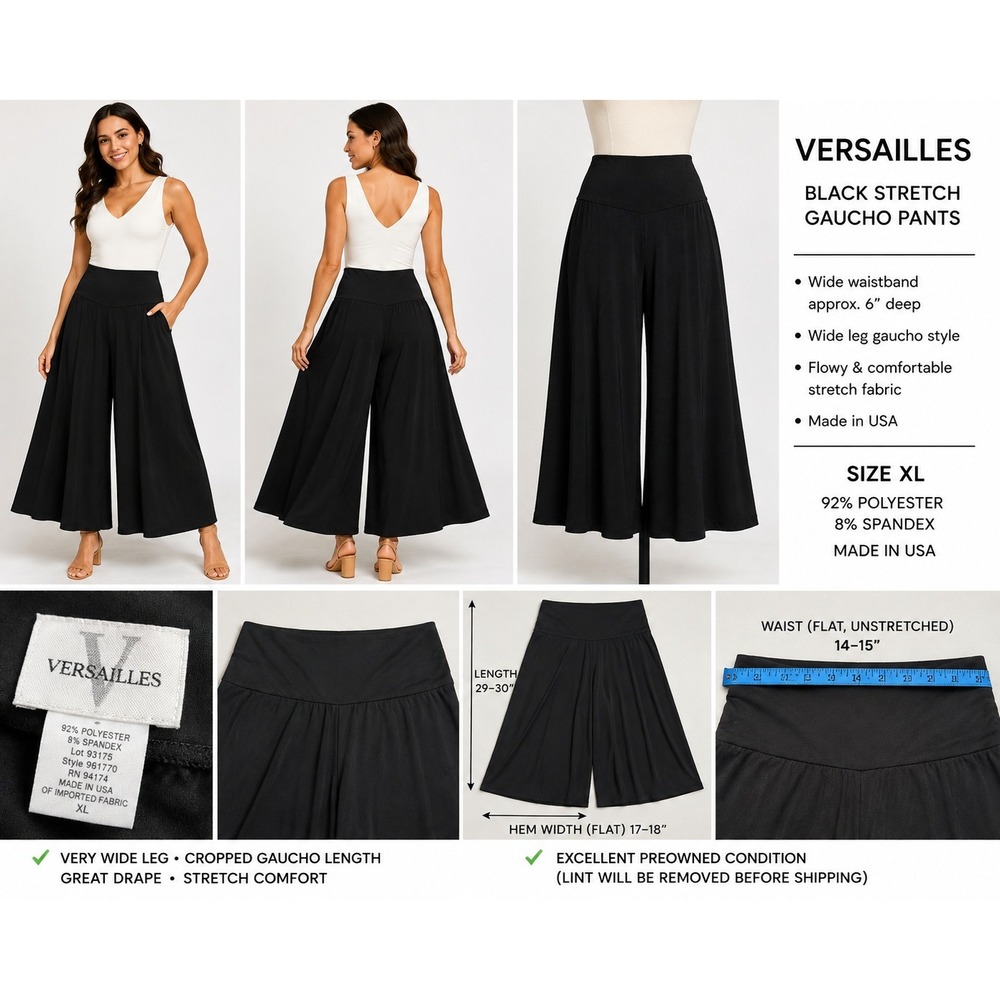 Versailles Black Stretch Gaucho Pants Wide Leg Cropped Culottes XL Made in USA
